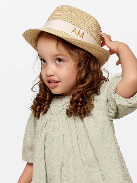 Sombrero de paja de lujo infantil crema con cinta blanca