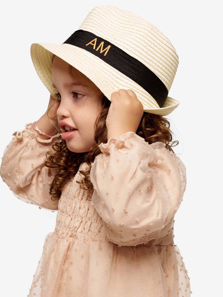 Sombrero de paja de lujo Infantil Blanquecino Con cinta Negra